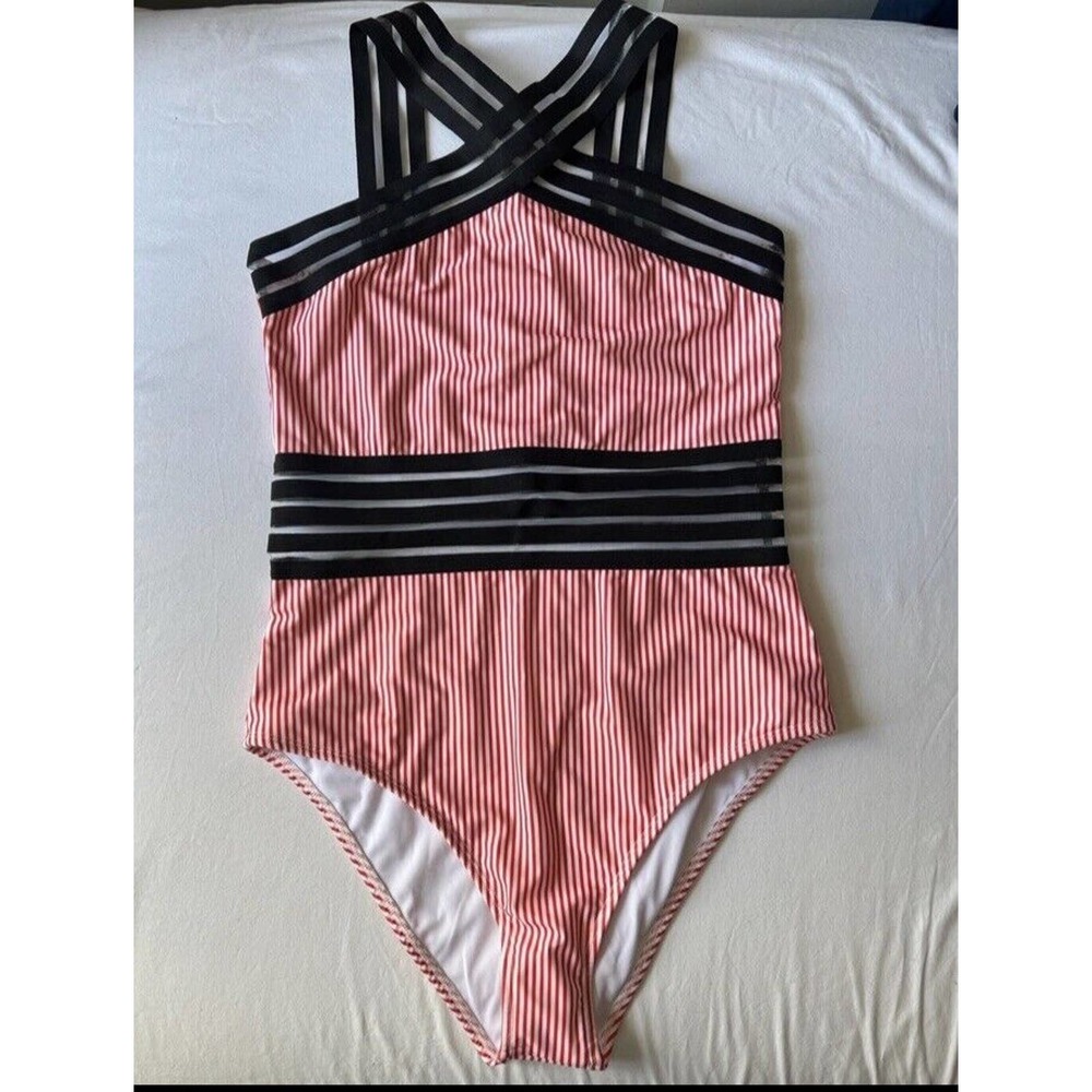 Averie Aava Sevilla Crossover One Piece Swimsuit Striped Orange & White